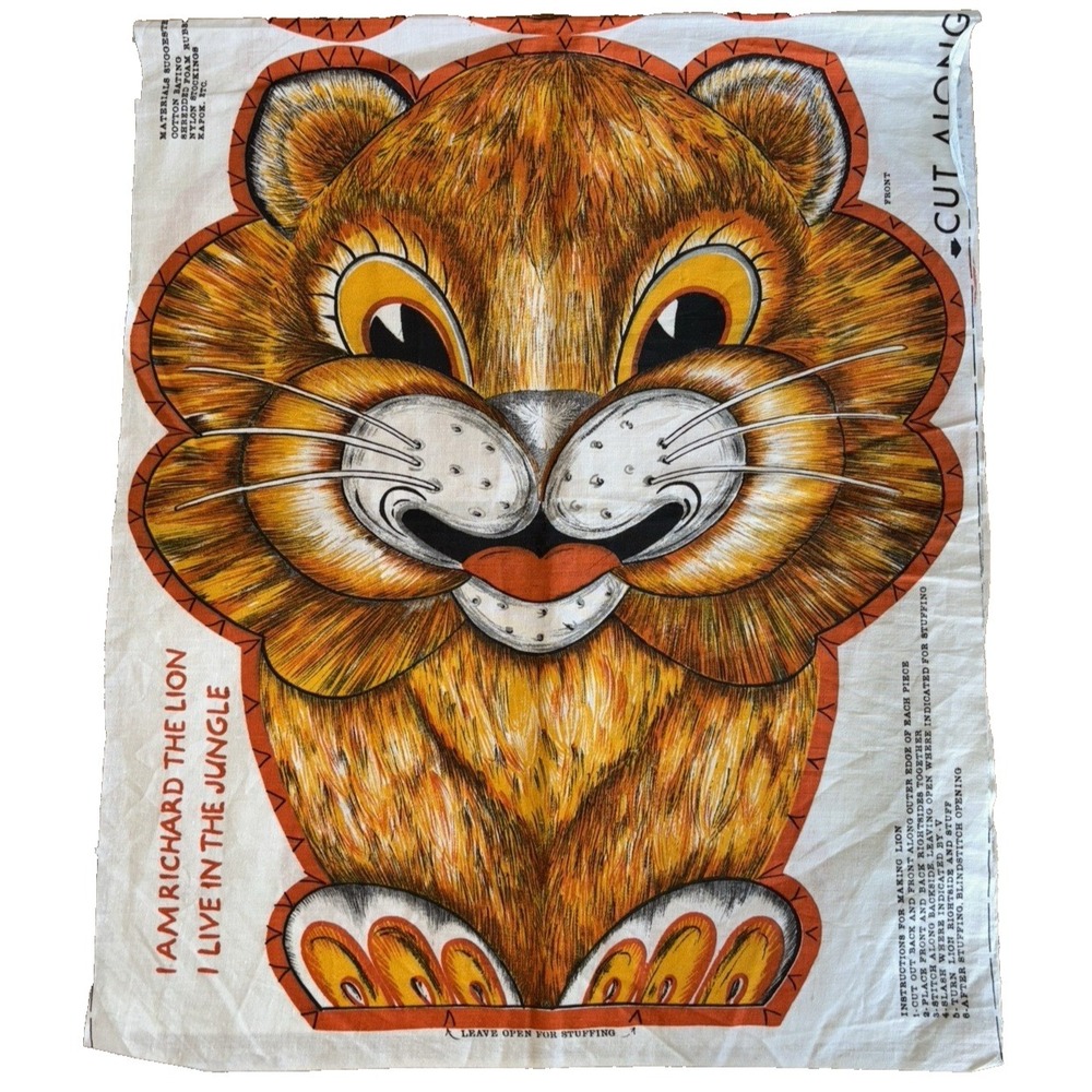 Vtg 1970s RICHARD the LION Cut & Sew Fabric Panel‎ Pillow Toy Jungle Zoo